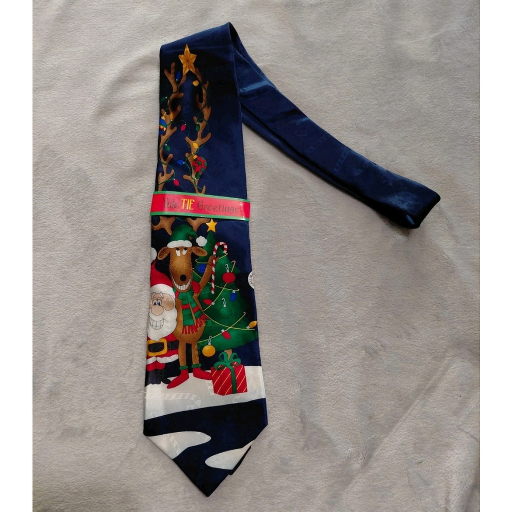 YULE TIE GREETINGS NAVY SANTA REINDEER Christmas Necktie Tie #XO-446 Excellent
